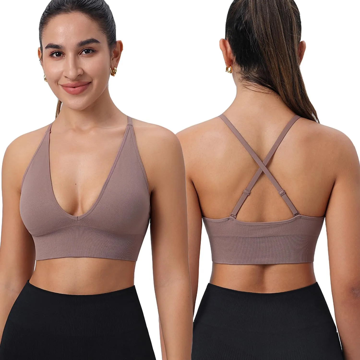 Evercute Women's Sports Bras Adjustable Deep V Neck Bras Wireless Spaghetti Strap Criss Cross Padded Low Support Sexy Bras