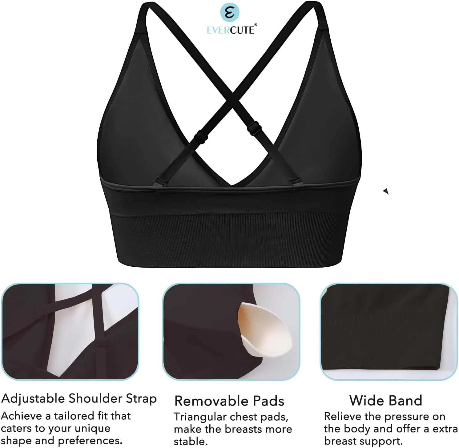 Evercute Women's Sports Bras Adjustable Deep V Neck Bras Wireless Spaghetti Strap Criss Cross Padded Low Support Sexy Bras