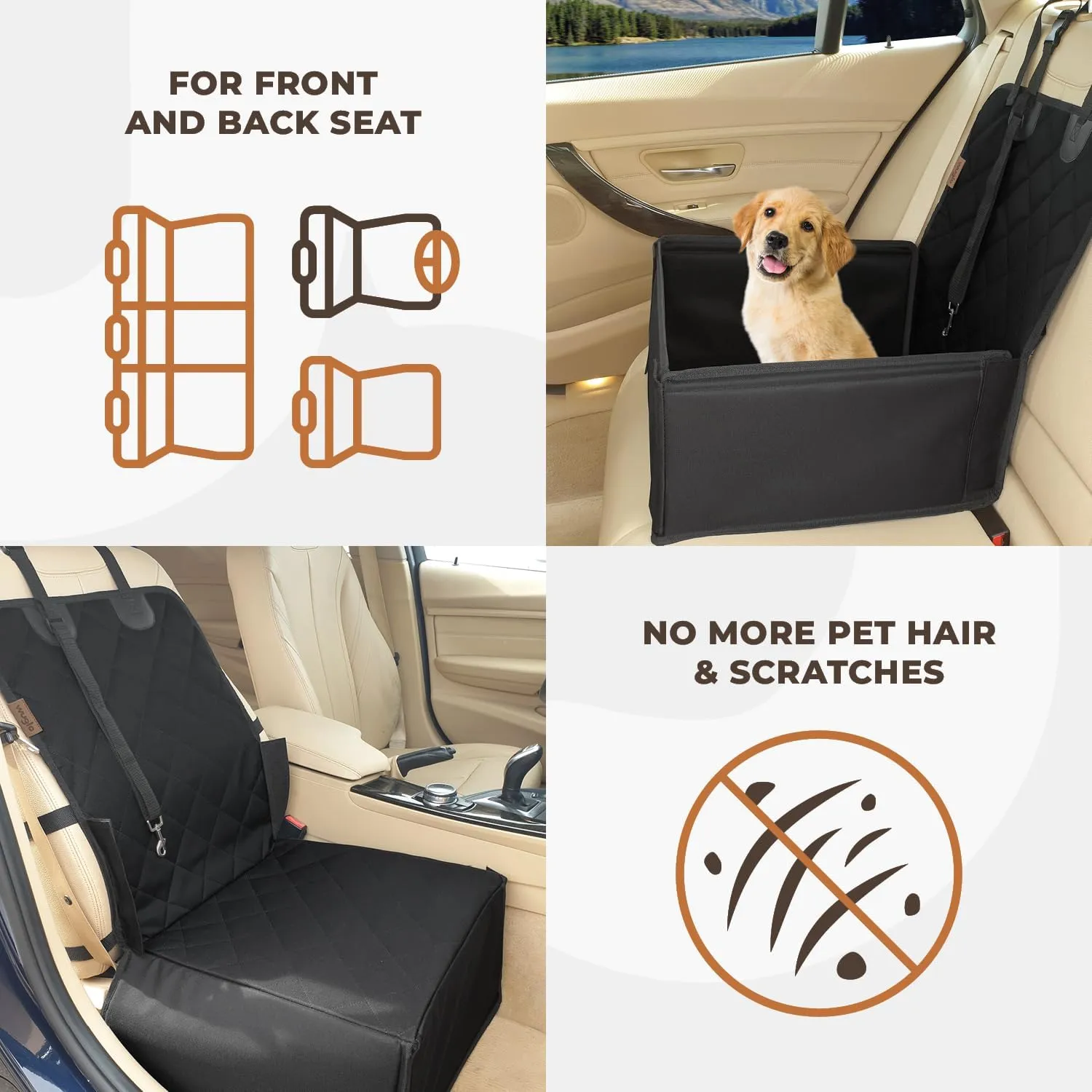 Extra Stable Dog Car Seat - Robust and Safe: Reinforced Walls, 3 Belt System for Small to Medium-Sized Dogs - Waterproof for Back or Front Seat (Black)
