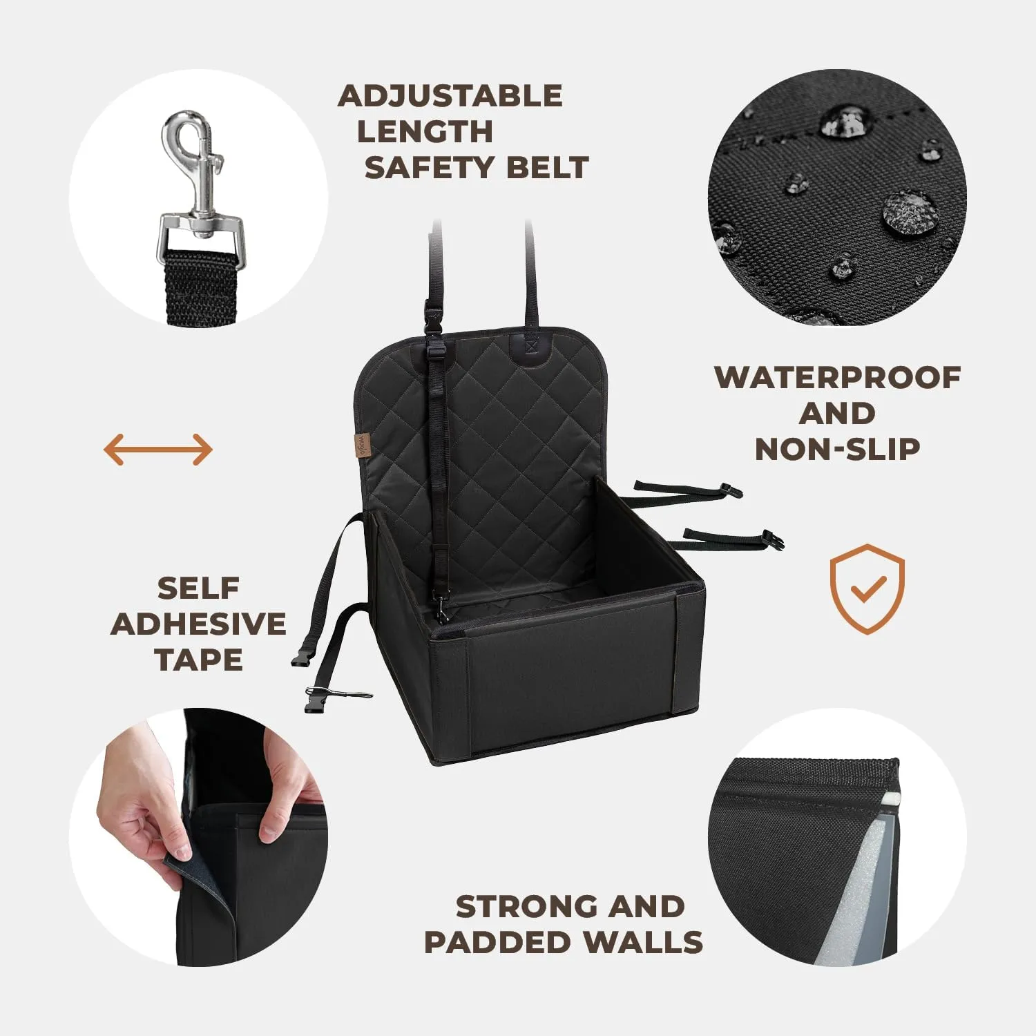 Extra Stable Dog Car Seat - Robust and Safe: Reinforced Walls, 3 Belt System for Small to Medium-Sized Dogs - Waterproof for Back or Front Seat (Black)