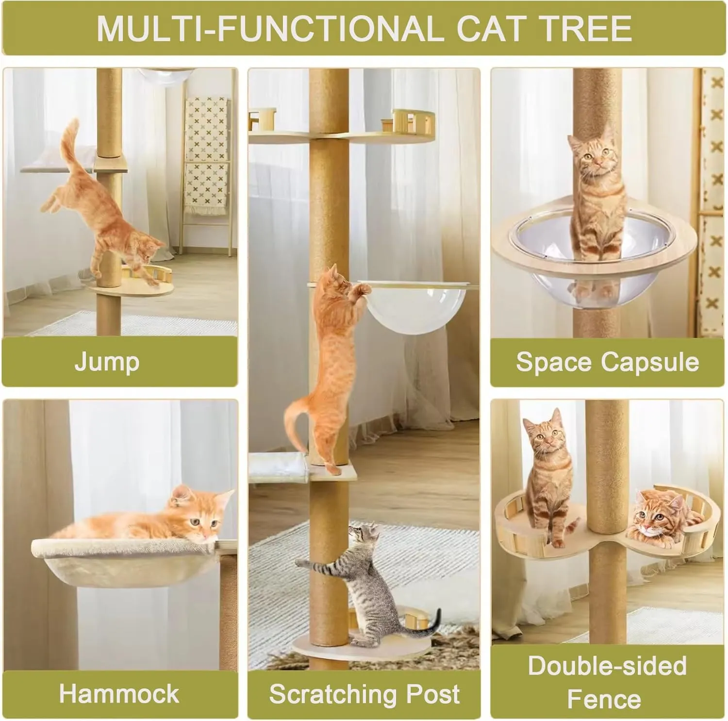 Floor to Ceiling cat Tree - Adjustable Height (95-98in,104.3-108.2in)- with Width 4.33 in Scratching Post,Cat Hammock,Fully Wrapped with sisal Rope - Heavy Duty cat Tree.(Holds 110 lbs)