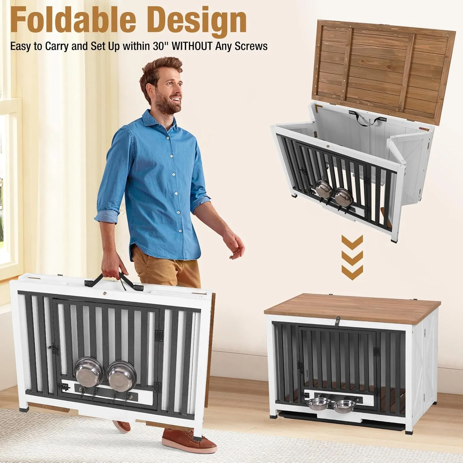 Folding Dog Crate Furniture, Wooden Dog Crate End Table with 360Rotatable Removable Dog Bowls &Tray, Modern Kennel for Dogs Indoor for Small, Medium Dogs- Portable