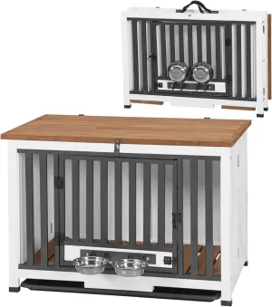Folding Dog Crate Furniture, Wooden Dog Crate End Table with 360Rotatable Removable Dog Bowls &Tray, Modern Kennel for Dogs Indoor for Small, Medium Dogs- Portable