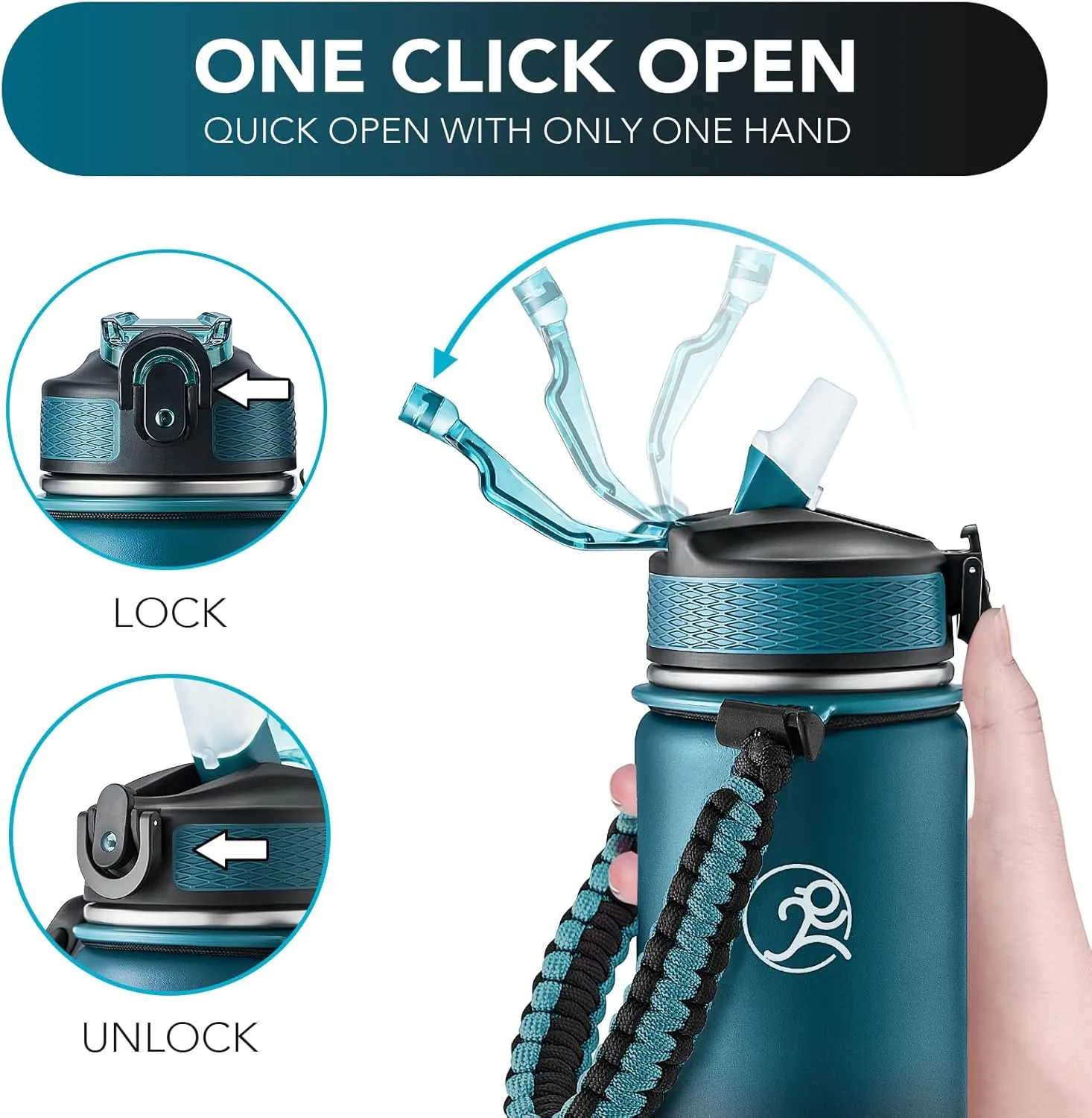 GOSWAG Insulated Sports Water Bottle, 24oz 2 Lids(with Straw/No Straw), Stainless Steel Water Bottles with Paracord Handle, Insulated Thermos with Double-Wall Vacuum Insulation