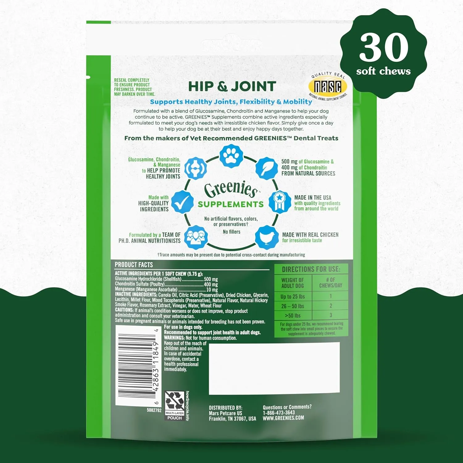 Greenies Supplements Hip and Joint Supplements for Dogs, Chicken Flavor, 6.08 oz. 30-Count