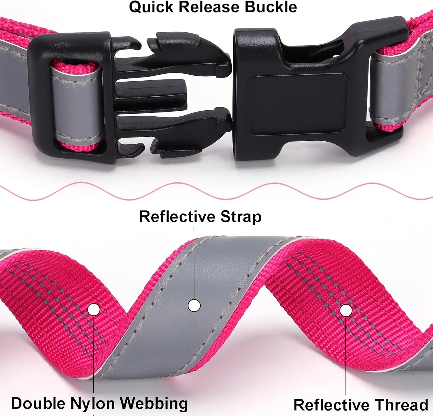 Highly Reflective Dog Collar, Adjustable Nylon Basic Collar Quick Release Buckle (Large,17"-26" Rose Red)