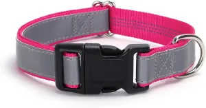Highly Reflective Dog Collar, Adjustable Nylon Basic Collar Quick Release Buckle (Large,17"-26" Rose Red)
