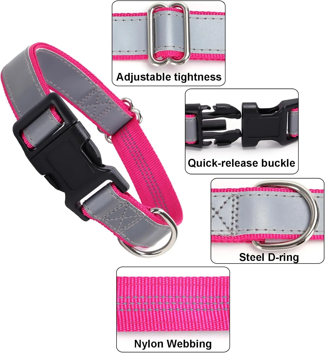 Highly Reflective Dog Collar, Adjustable Nylon Basic Collar Quick Release Buckle (Large,17"-26" Rose Red)
