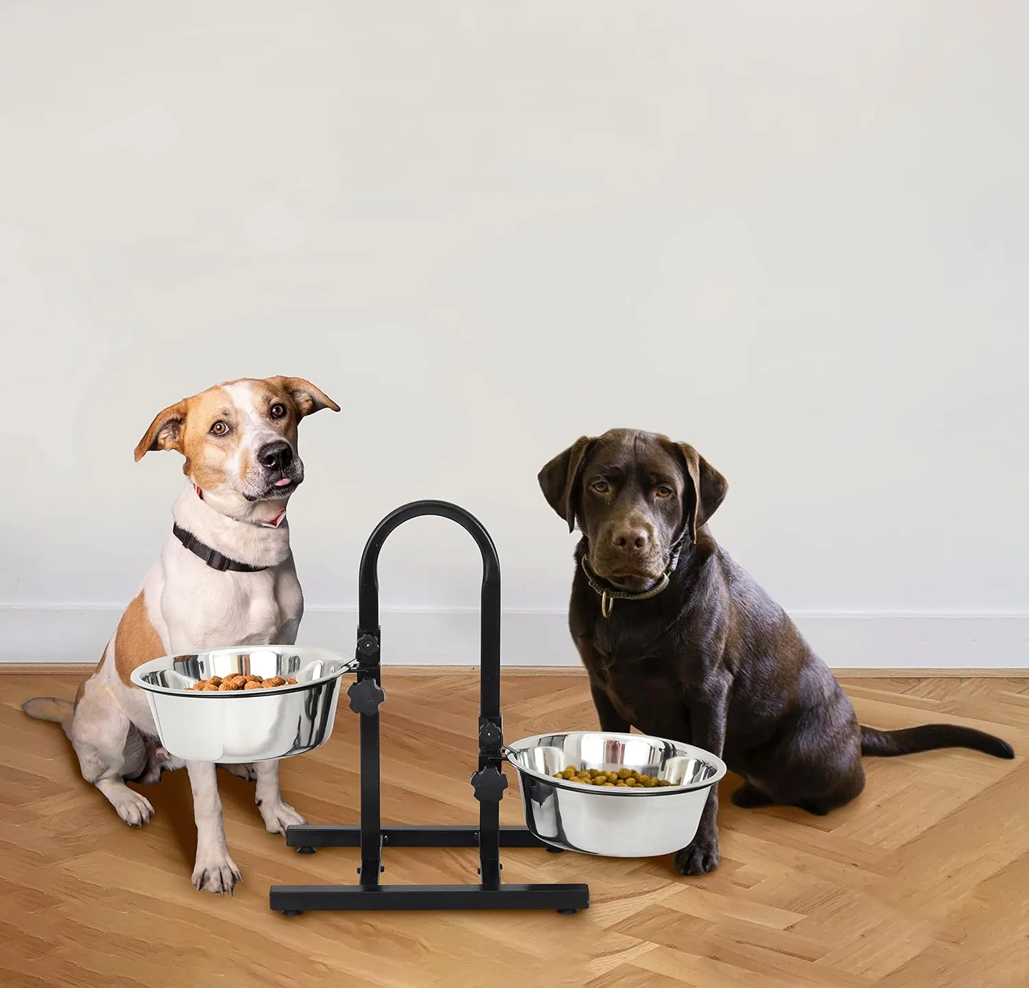 Iconic Pet Adjustable U-Design Double Diner - Non-Skid Rubber Base Noise Free Stable Dog Food Stand with 3 Qt - 12 Cup/ 96 oz Stainless Steel Elevated Dog Food Bowls for Proper Growth & Digestion