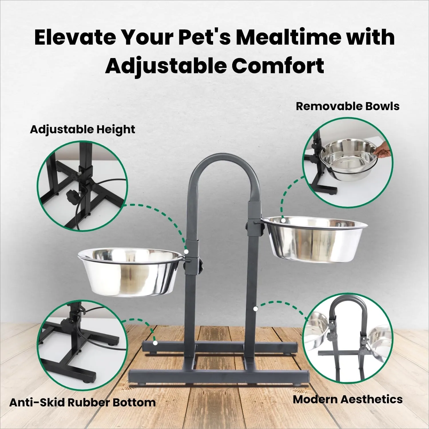 Iconic Pet Adjustable U-Design Double Diner - Non-Skid Rubber Base Noise Free Stable Dog Food Stand with 3 Qt - 12 Cup/ 96 oz Stainless Steel Elevated Dog Food Bowls for Proper Growth & Digestion