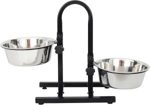 Iconic Pet Adjustable U-Design Double Diner - Non-Skid Rubber Base Noise Free Stable Dog Food Stand with 3 Qt - 12 Cup/ 96 oz Stainless Steel Elevated Dog Food Bowls for Proper Growth & Digestion
