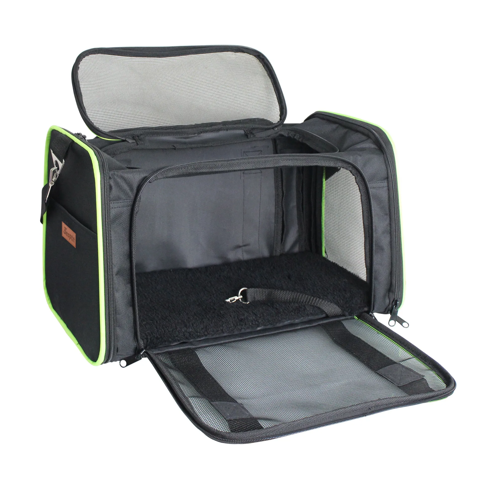 Jespet Soft-Sided Travel Small Dog & Cat Carrier Bag, Black/Green, 17''