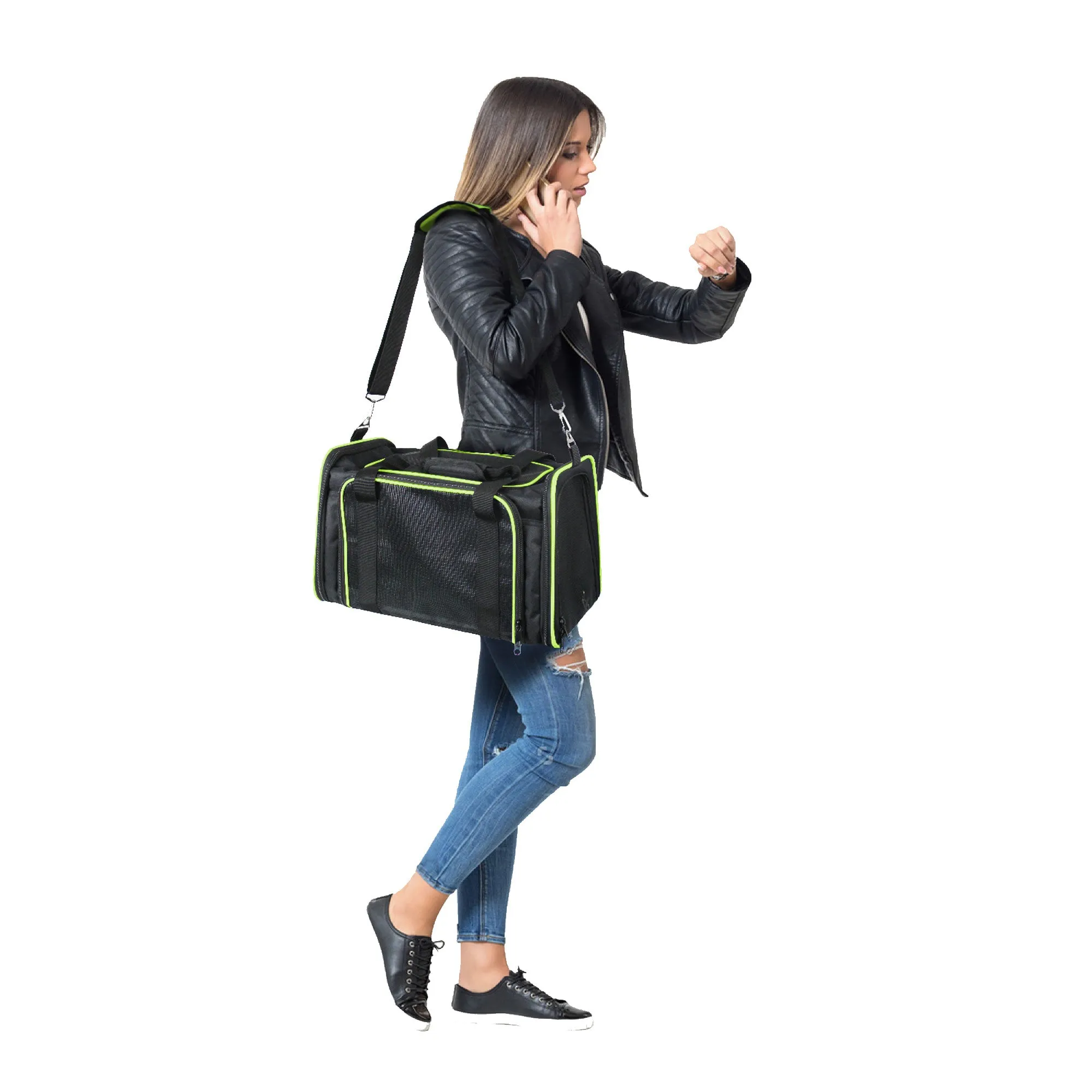 Jespet Soft-Sided Travel Small Dog & Cat Carrier Bag, Black/Green, 17''