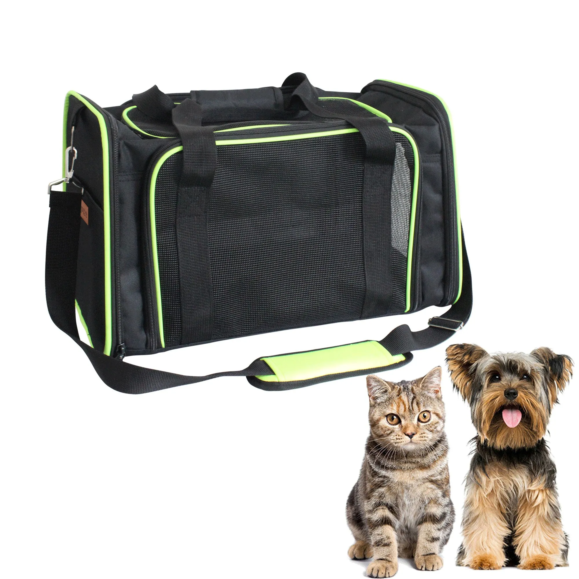 Jespet Soft-Sided Travel Small Dog & Cat Carrier Bag, Black/Green, 17''