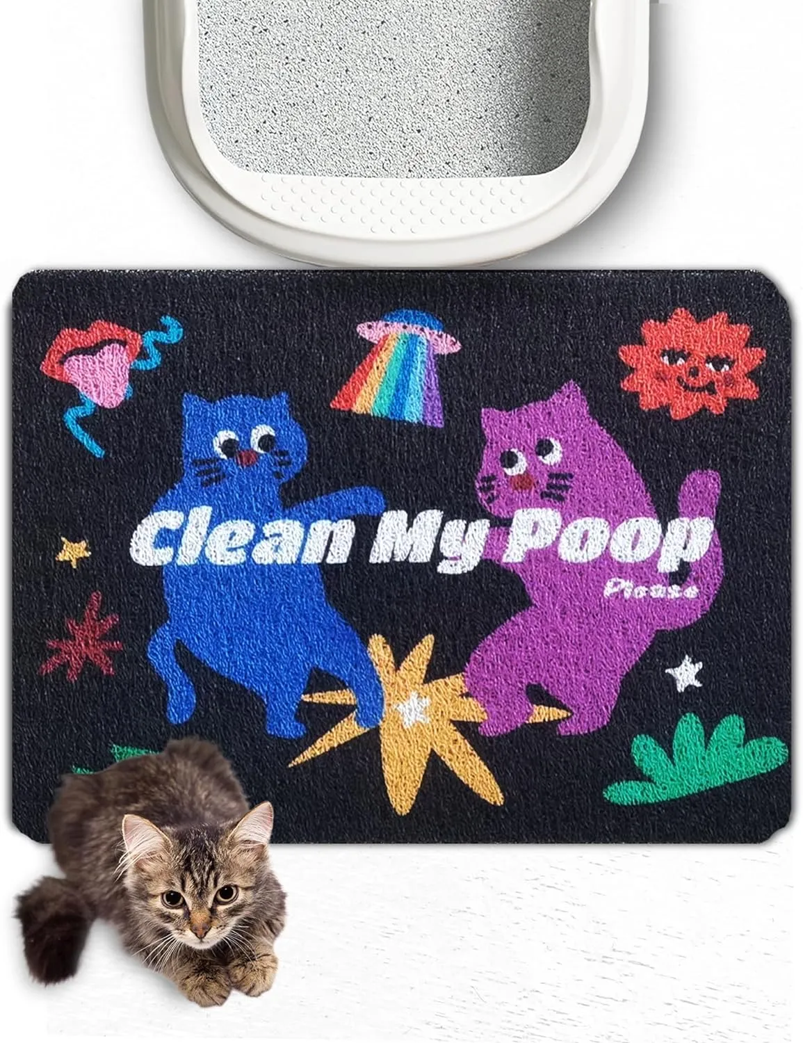 Lukamoo Cute Cat Litter Mat (24X16), for Kitty Litter & Cat Litter Box, Independent Artist Designed [Neon Neko Series] (Disco)