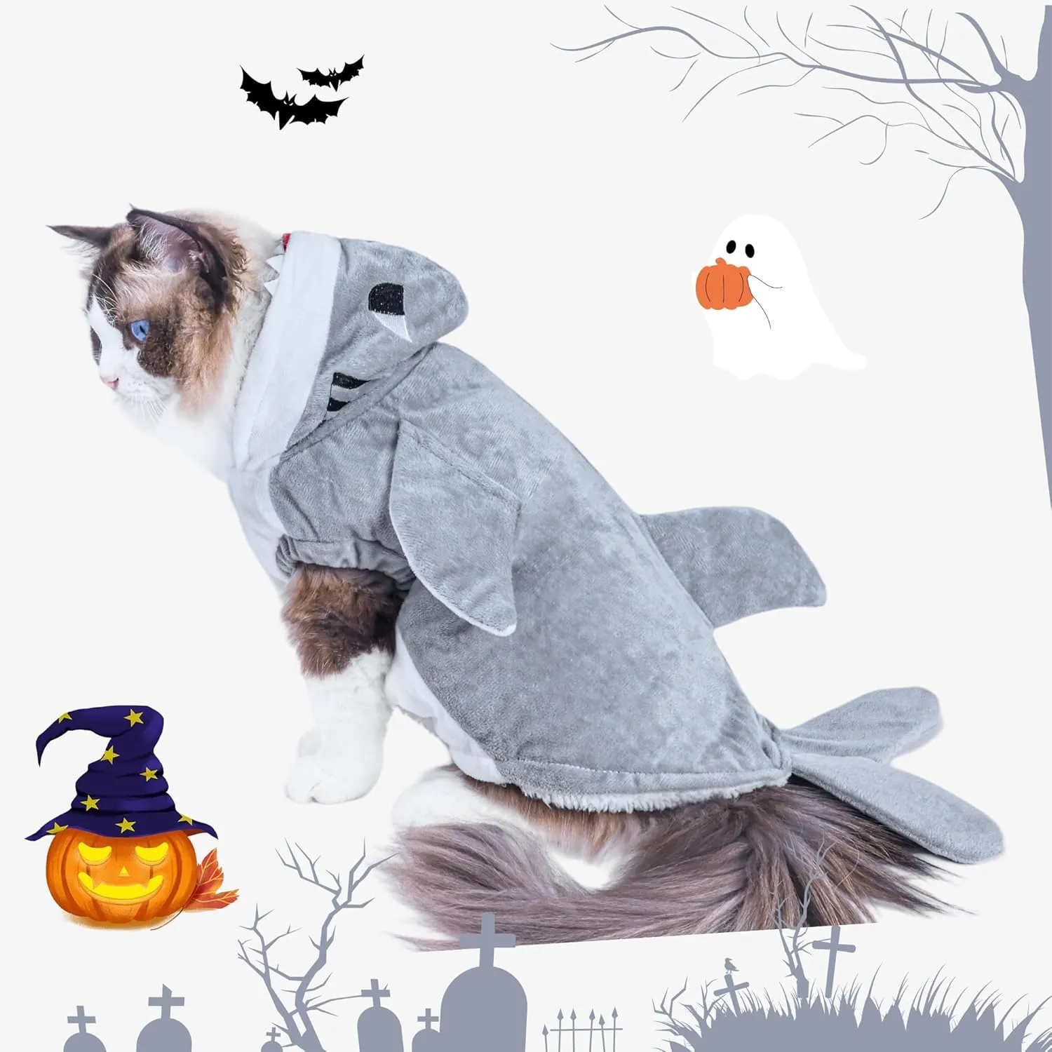 NACOCO Halloween Pet Shark Costume - Dog Cute Clothes Hoodie Cat Warm Outfit Coat Apparel for Small Medium Large Dogs and Cats (Grey, L)