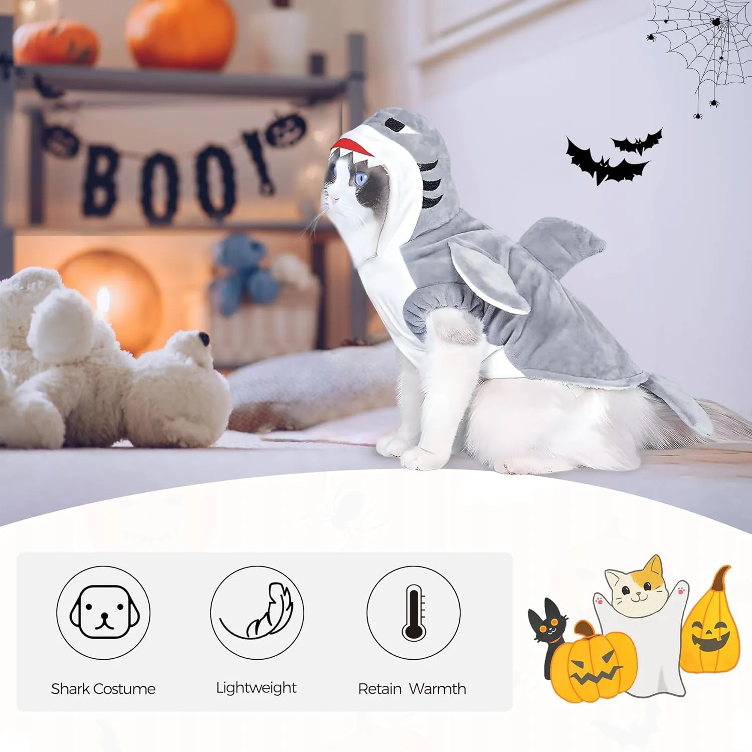 NACOCO Halloween Pet Shark Costume - Dog Cute Clothes Hoodie Cat Warm Outfit Coat Apparel for Small Medium Large Dogs and Cats (Grey, L)