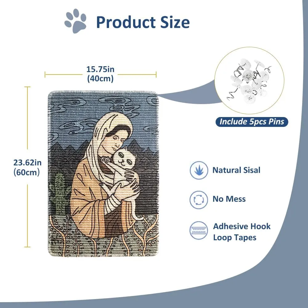 NATUAY Cat Scratcher Sisal Mat Furniture Protector for Wall Couch Carpet Door Mounted, Self-Adhesives Artistic Cats Scratcing Pad with Twist Pins (Mom and Cat, 23.6"x15.8")