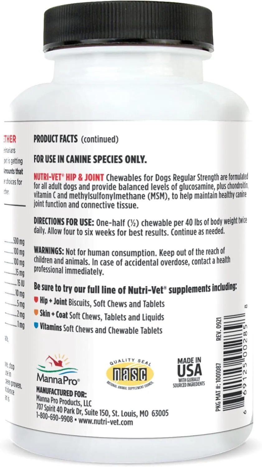 Nutri-Vet Hip & Joint Chewable Dog Supplements - Formulated with Glucosamine & Chondroitin for Dogs - 120 Count