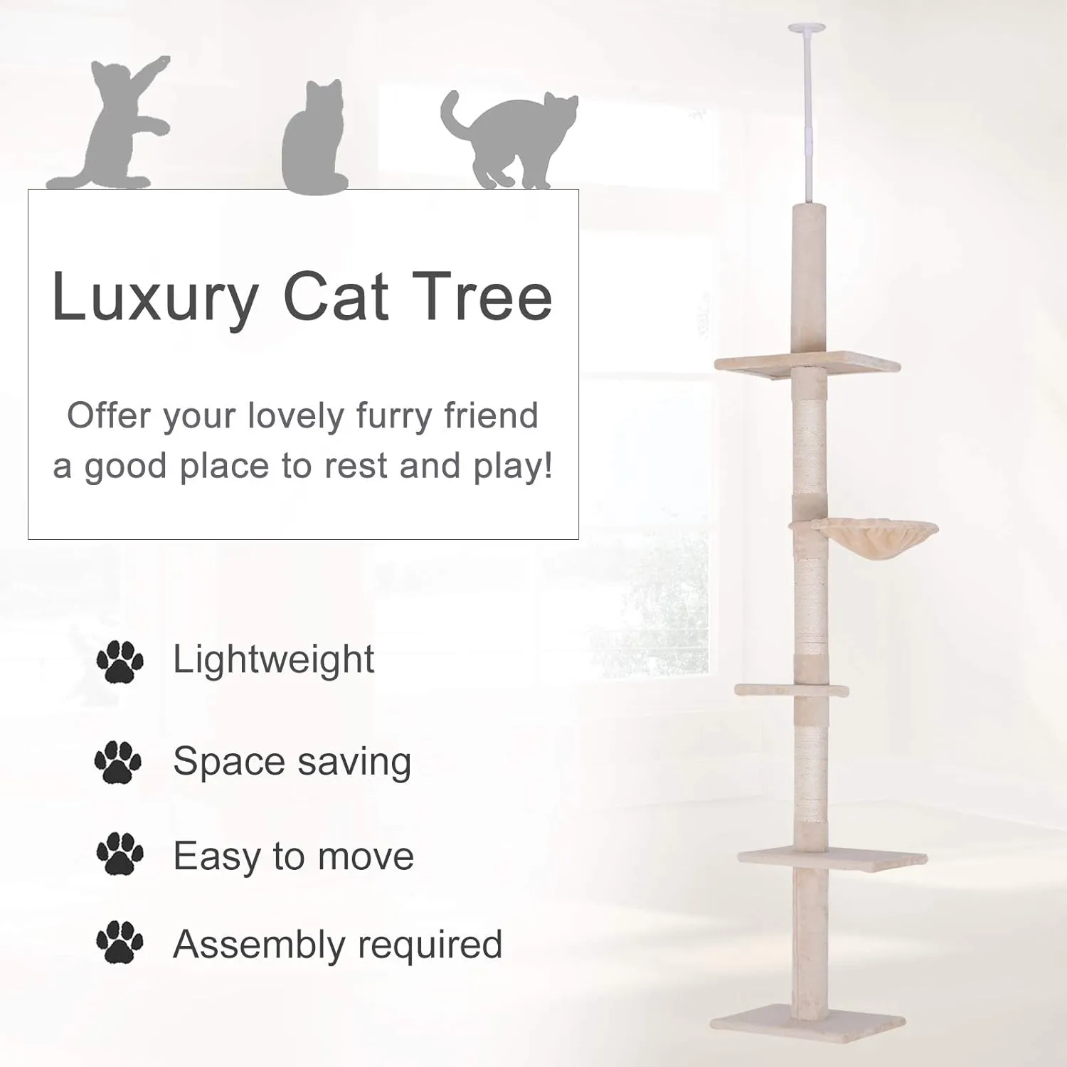 PawHut 8.5' Adjustable Height Floor-to-Ceiling Vertical Cat Tree, 5 Level Cat Climbing Tower, Beige