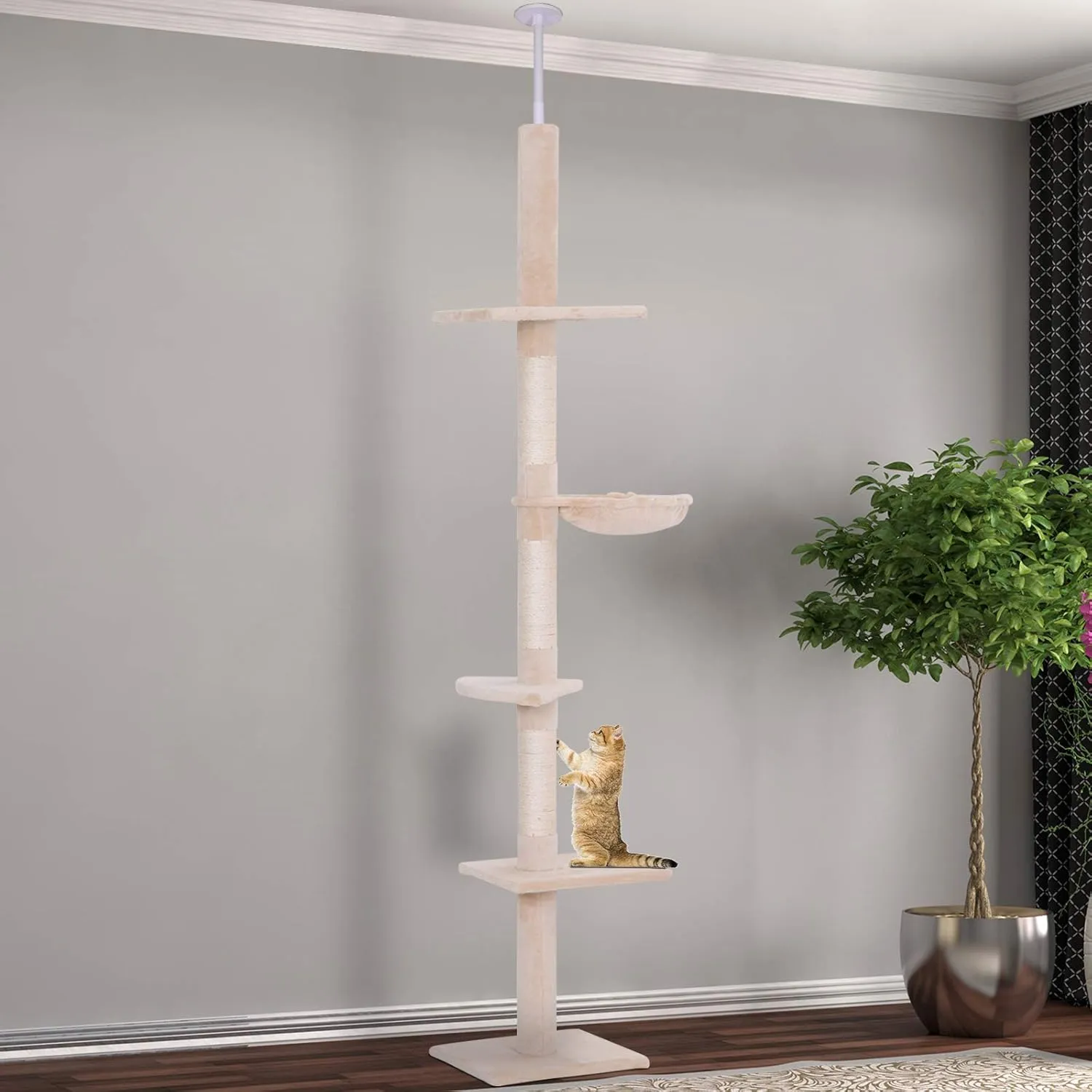 PawHut 8.5' Adjustable Height Floor-to-Ceiling Vertical Cat Tree, 5 Level Cat Climbing Tower, Beige