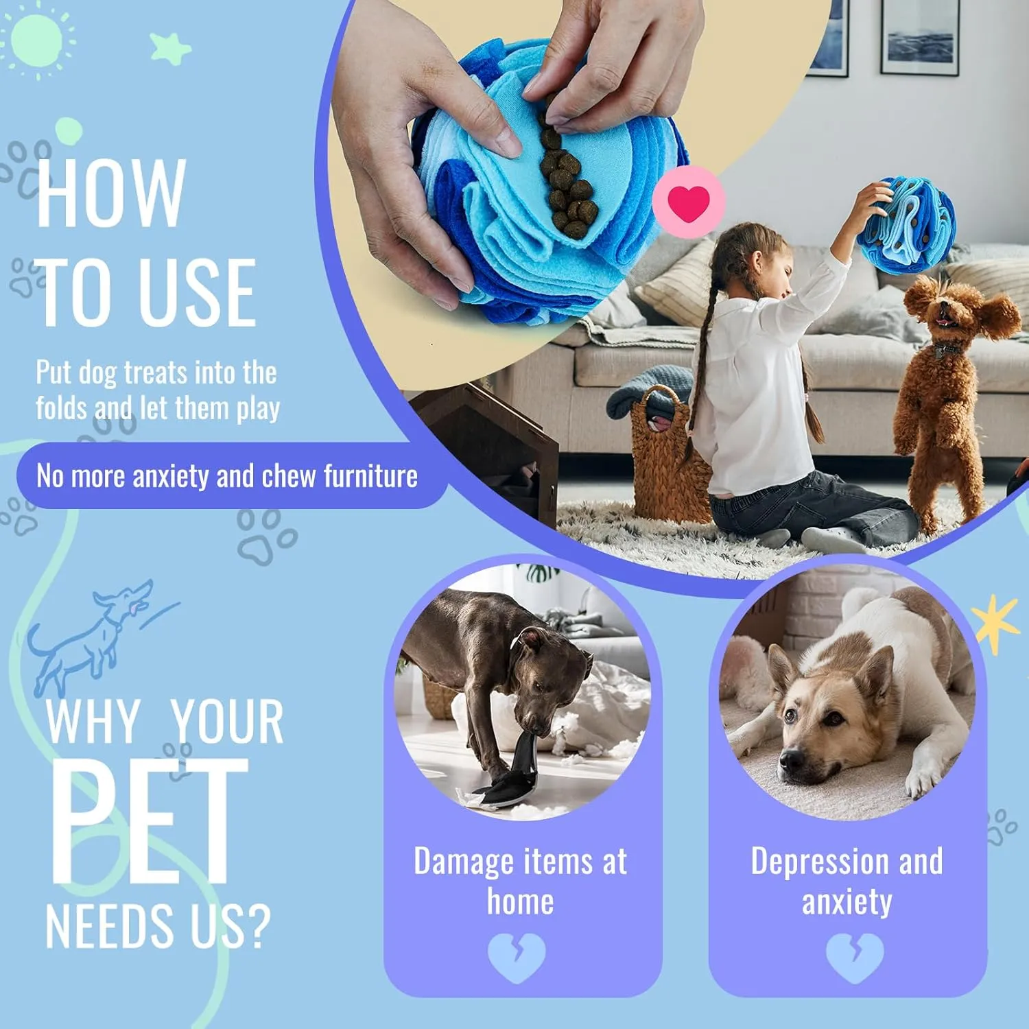 Pet Snuffle Ball, Puzzle Sniffing Interactive Dog Toy for Blind Dogs Training, Stress Relief, Dog Enrichment, Treat Ball, Machine Washable (15cm, Ocean Blue)