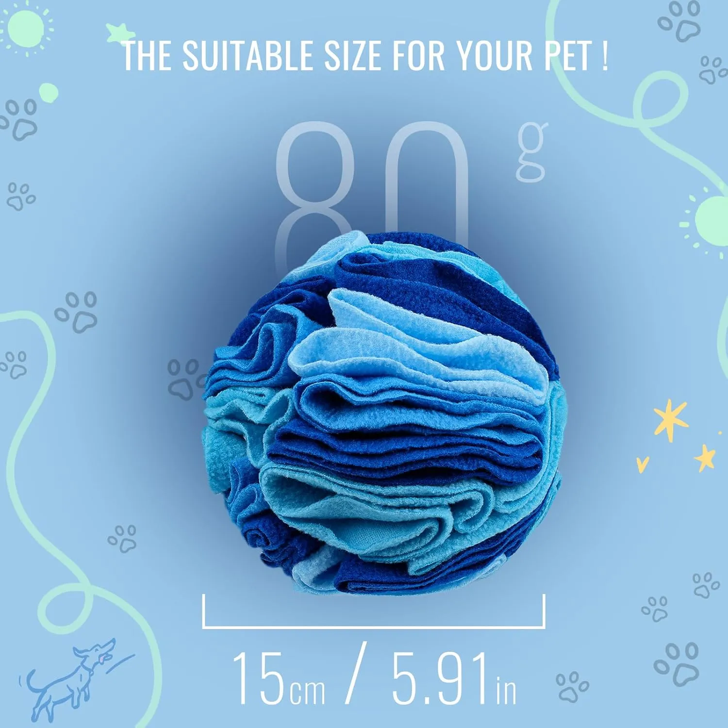 Pet Snuffle Ball, Puzzle Sniffing Interactive Dog Toy for Blind Dogs Training, Stress Relief, Dog Enrichment, Treat Ball, Machine Washable (15cm, Ocean Blue)