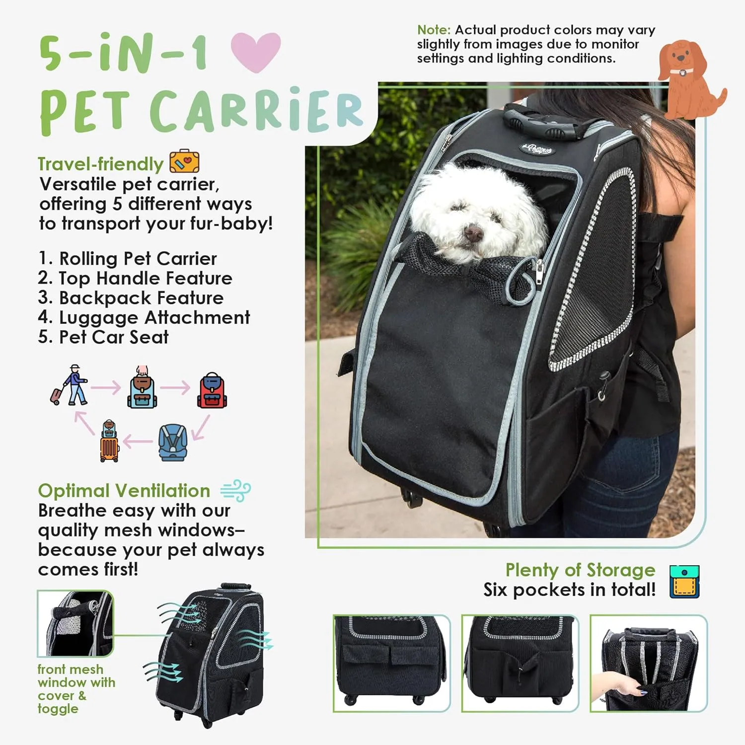 Petique 5-in-1 PET Carrier, Features: Rolling, Top Handle, Backpack, Luggage Attachment, Car Seat All in ONE for Small to Medium Dog, Cat, Bunny, Supports Pets up to 25LBS - Pepper