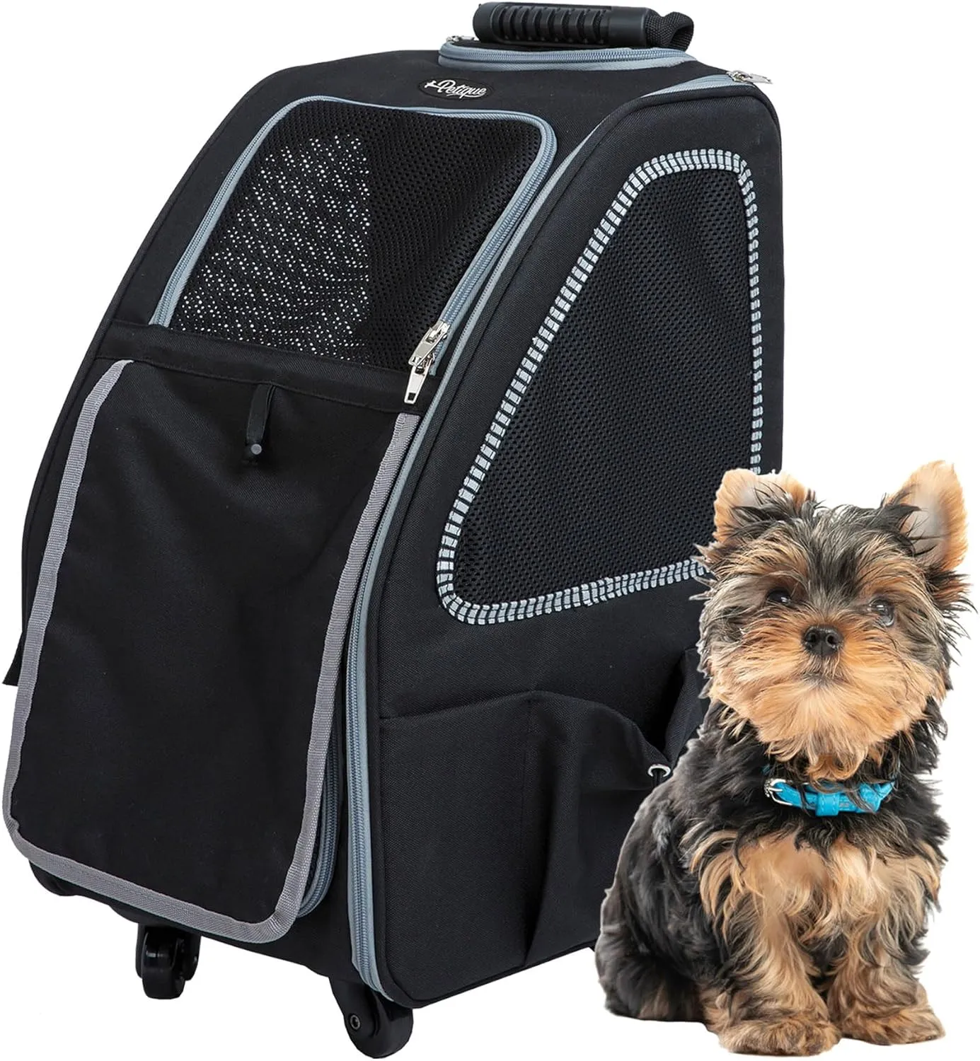 Petique 5-in-1 PET Carrier, Features: Rolling, Top Handle, Backpack, Luggage Attachment, Car Seat All in ONE for Small to Medium Dog, Cat, Bunny, Supports Pets up to 25LBS - Pepper