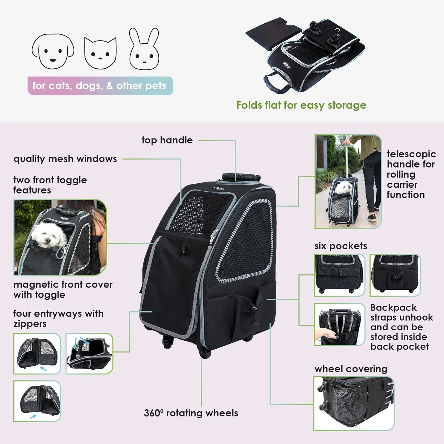 Petique 5-in-1 PET Carrier, Features: Rolling, Top Handle, Backpack, Luggage Attachment, Car Seat All in ONE for Small to Medium Dog, Cat, Bunny, Supports Pets up to 25LBS - Pepper