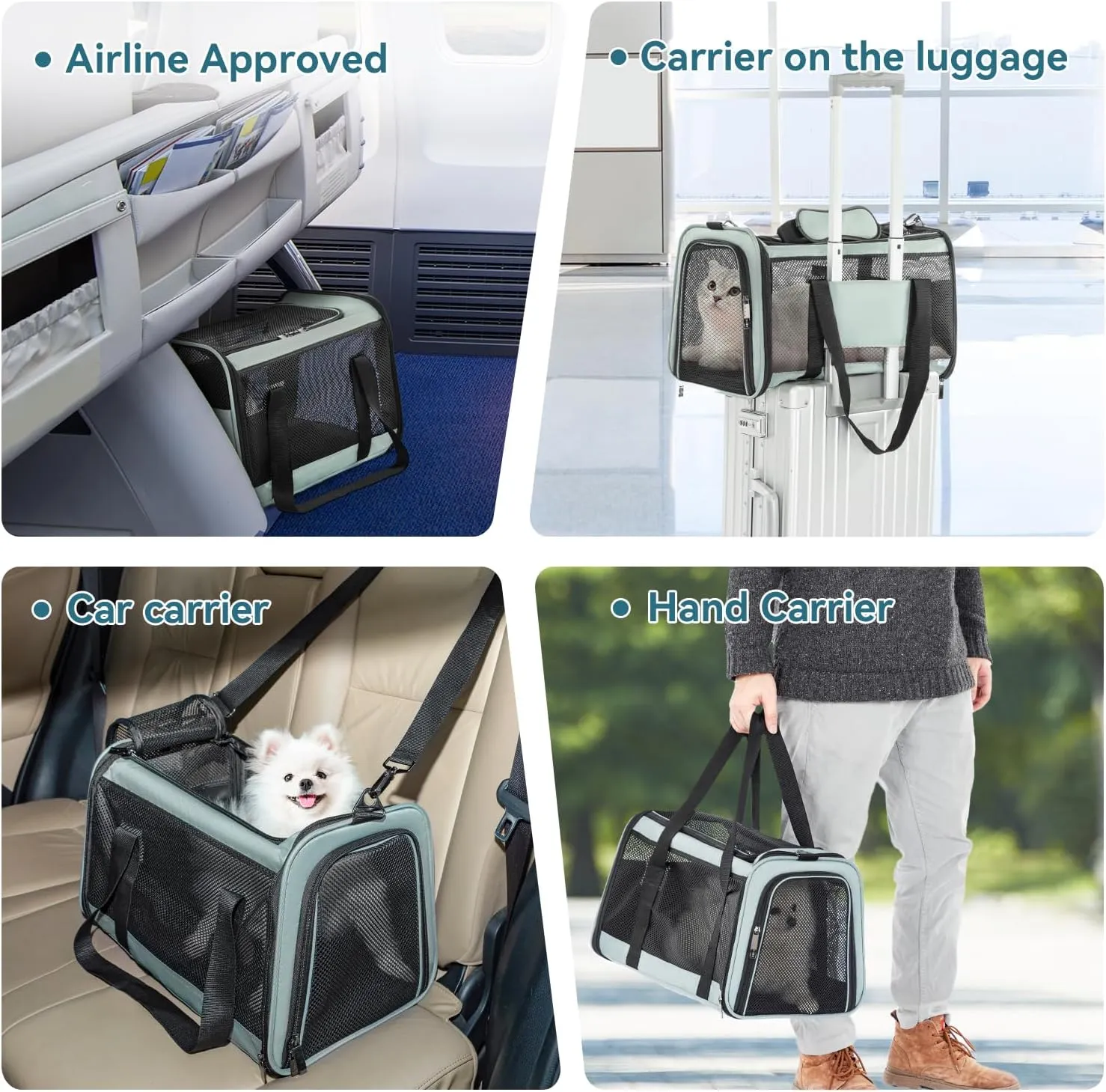 Petsfit 18 x 11 x 11 Pet Carrier Airline Approved, Soft-Sided Cat Carrier, Lightweight and Collapsible, Ventilation on 5 Sides, Escape Proof, with Adjustable Shoulder Strap, Soft Cushion