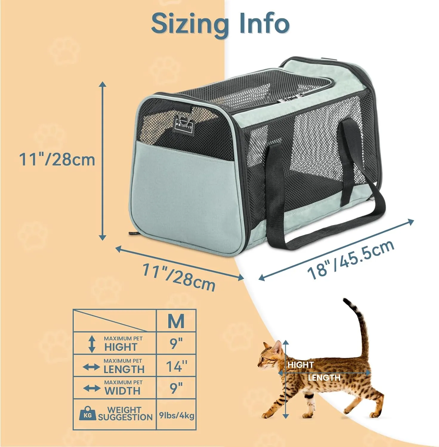 Petsfit 18 x 11 x 11 Pet Carrier Airline Approved, Soft-Sided Cat Carrier, Lightweight and Collapsible, Ventilation on 5 Sides, Escape Proof, with Adjustable Shoulder Strap, Soft Cushion