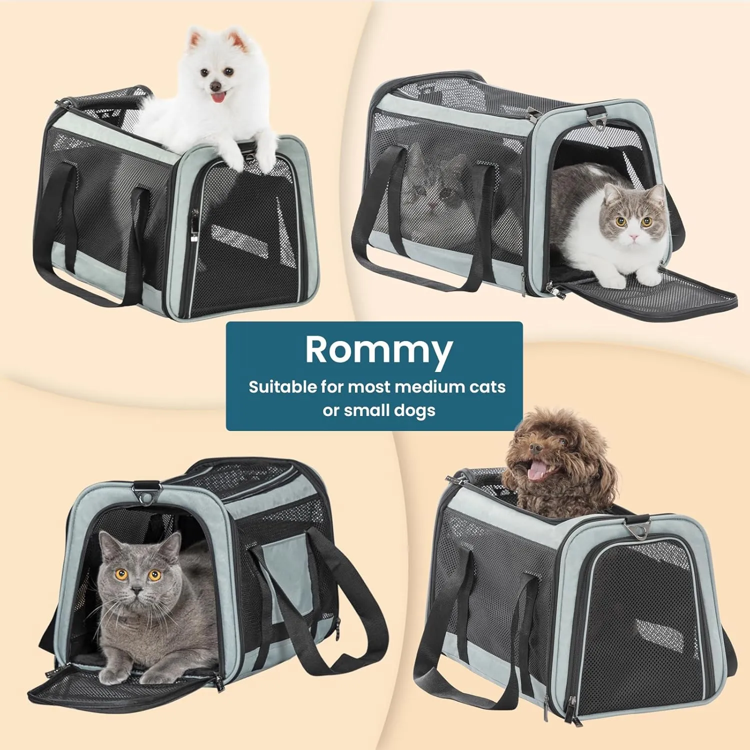 Petsfit 18 x 11 x 11 Pet Carrier Airline Approved, Soft-Sided Cat Carrier, Lightweight and Collapsible, Ventilation on 5 Sides, Escape Proof, with Adjustable Shoulder Strap, Soft Cushion