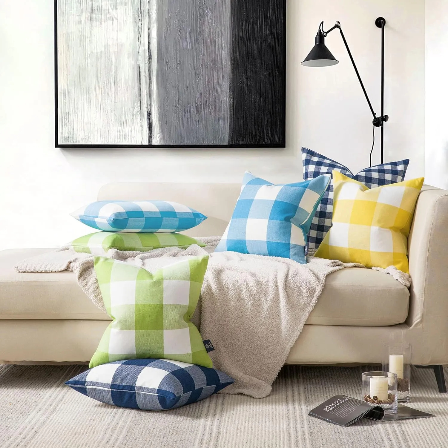 Phantoscope Pack of 2 Gingham Buffalo Check Plaid Throw Decorative Pillow Cover Outdoor Indoor Throw Pillows Farmhouse Square Pillow Cases for Home Decor Navy Blue,18 x 18 Inches