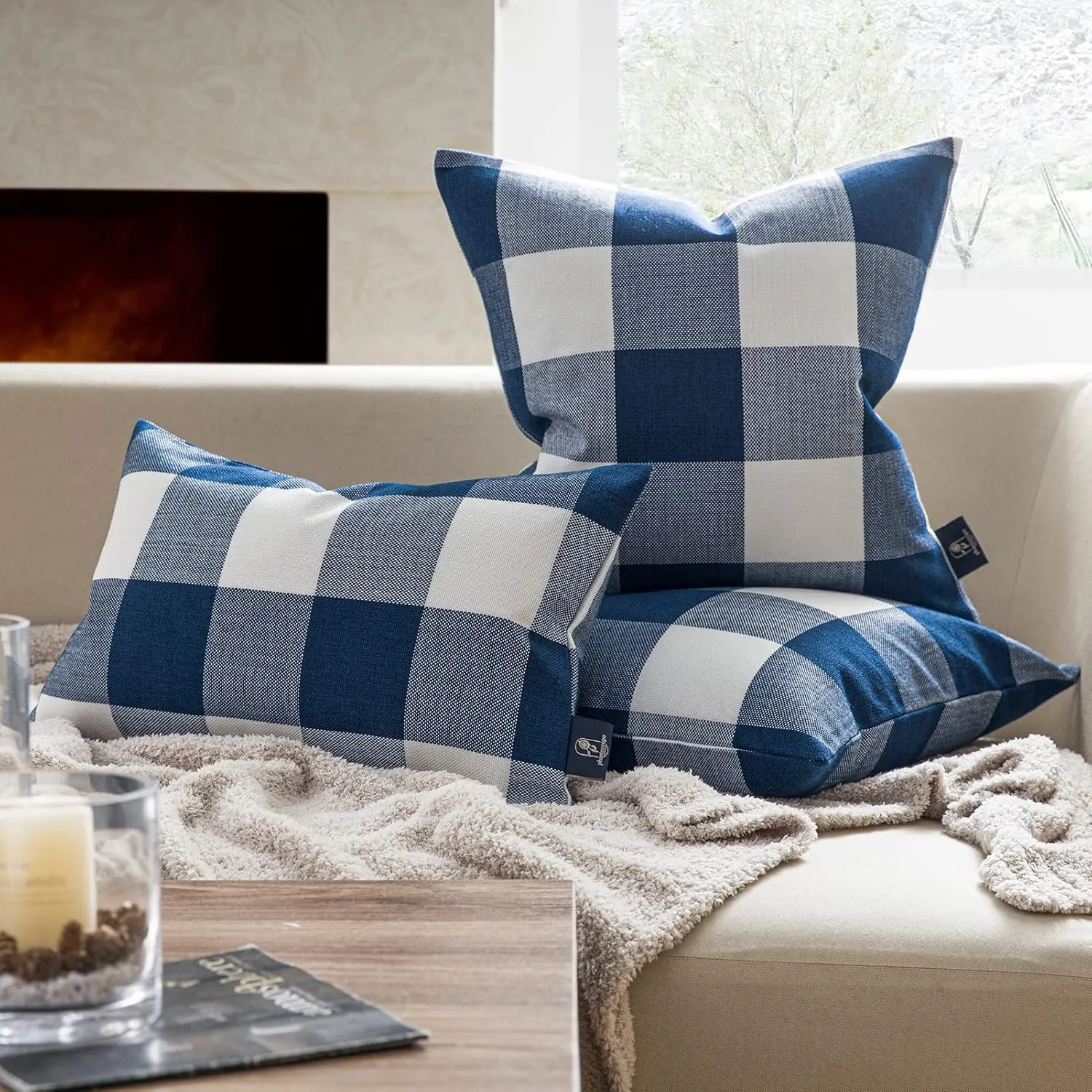 Phantoscope Pack of 2 Gingham Buffalo Check Plaid Throw Decorative Pillow Cover Outdoor Indoor Throw Pillows Farmhouse Square Pillow Cases for Home Decor Navy Blue,18 x 18 Inches