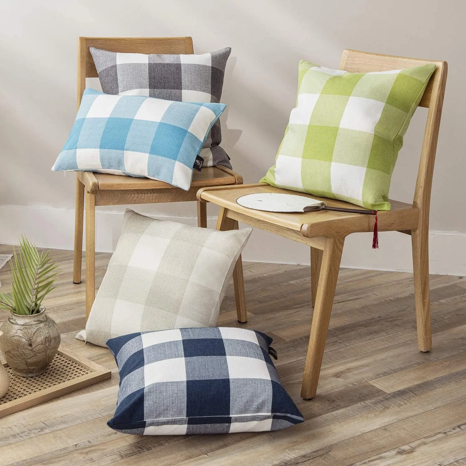 Phantoscope Pack of 2 Gingham Buffalo Check Plaid Throw Decorative Pillow Cover Outdoor Indoor Throw Pillows Farmhouse Square Pillow Cases for Home Decor Navy Blue,18 x 18 Inches