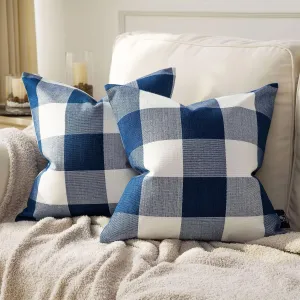 Phantoscope Pack of 2 Gingham Buffalo Check Plaid Throw Decorative Pillow Cover Outdoor Indoor Throw Pillows Farmhouse Square Pillow Cases for Home Decor Navy Blue,18 x 18 Inches