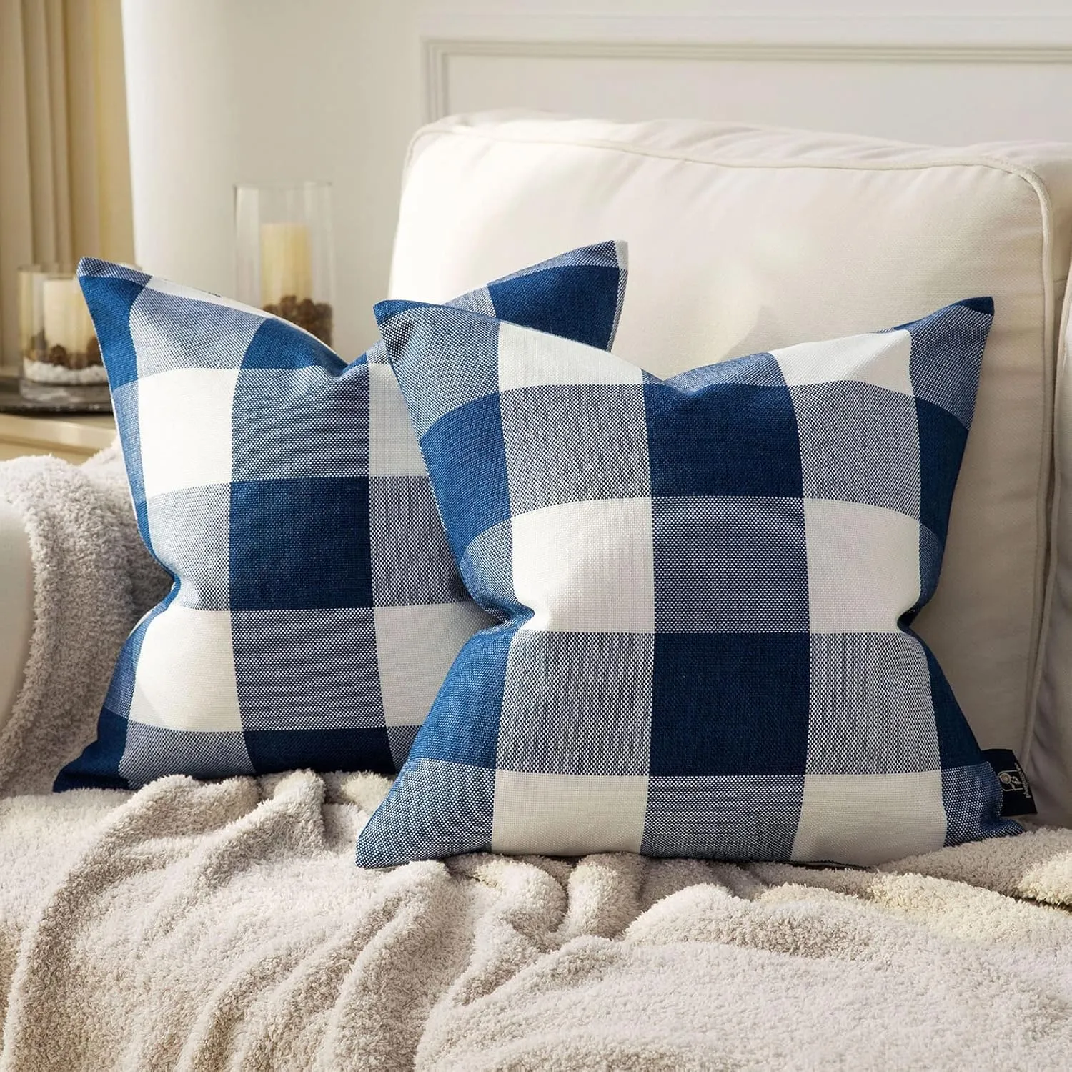 Phantoscope Pack of 2 Gingham Buffalo Check Plaid Throw Decorative Pillow Cover Outdoor Indoor Throw Pillows Farmhouse Square Pillow Cases for Home Decor Navy Blue,18 x 18 Inches