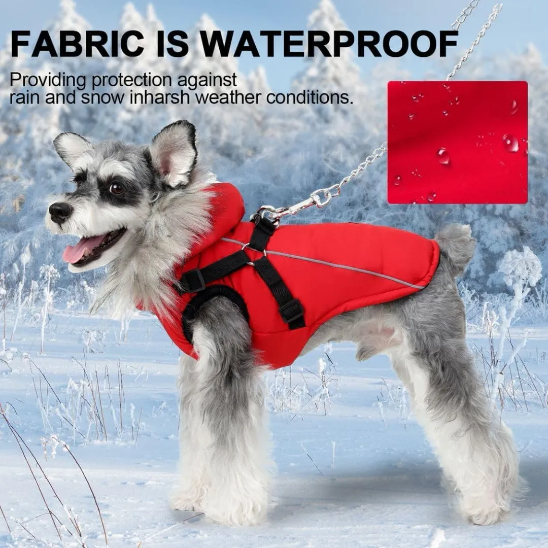 PINA Winter Coat for Dogs, Jacket with Waterproof Fabric, Faux Fur Hood, Reflective Strap, Red, S