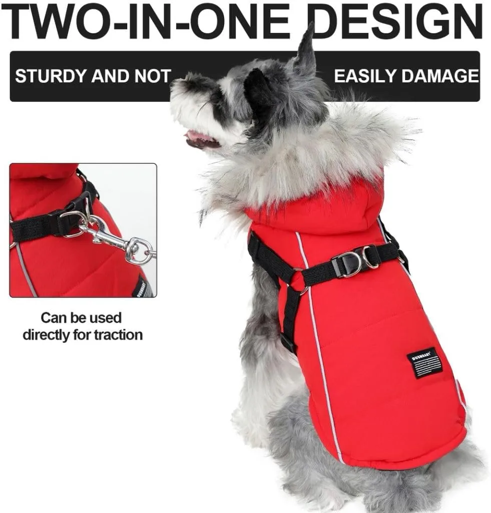PINA Winter Coat for Dogs, Jacket with Waterproof Fabric, Faux Fur Hood, Reflective Strap, Red, S