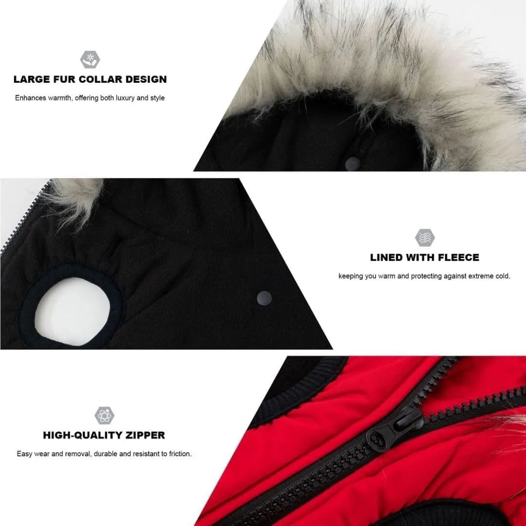 PINA Winter Coat for Dogs, Jacket with Waterproof Fabric, Faux Fur Hood, Reflective Strap, Red, S