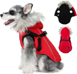 PINA Winter Coat for Dogs, Jacket with Waterproof Fabric, Faux Fur Hood, Reflective Strap, Red, S