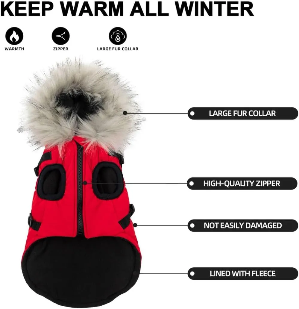 PINA Winter Coat for Dogs, Jacket with Waterproof Fabric, Faux Fur Hood, Reflective Strap, Red, S