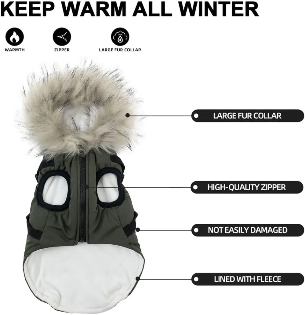 PINA Winter Coat with Waterproof Fabric, Faux Fur Hood, Reflective Strap for Small to Large Dogs, Green, XL