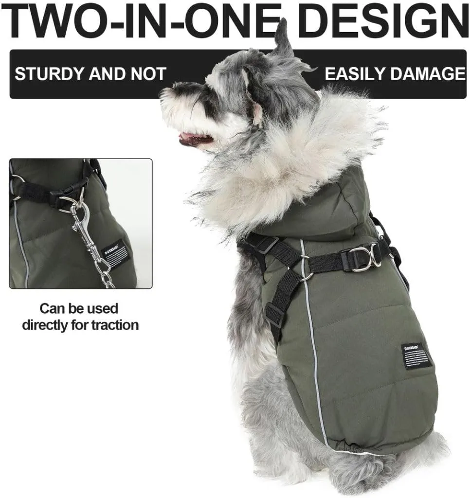PINA Winter Coat with Waterproof Fabric, Faux Fur Hood, Reflective Strap for Small to Large Dogs, Green, XL