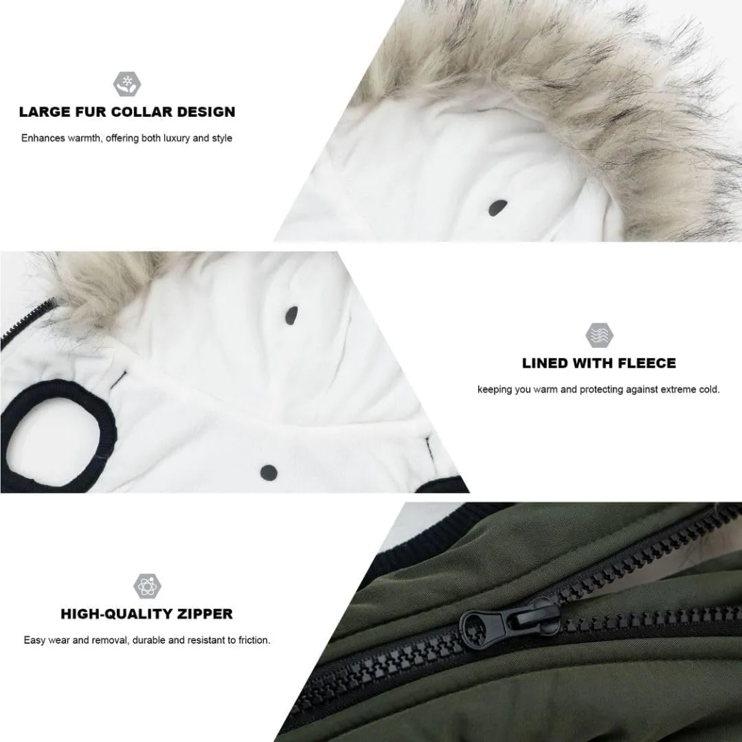 PINA Winter Coat with Waterproof Fabric, Faux Fur Hood, Reflective Strap for Small to Large Dogs, Green, XL