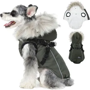 PINA Winter Coat with Waterproof Fabric, Faux Fur Hood, Reflective Strap for Small to Large Dogs, Green, XL