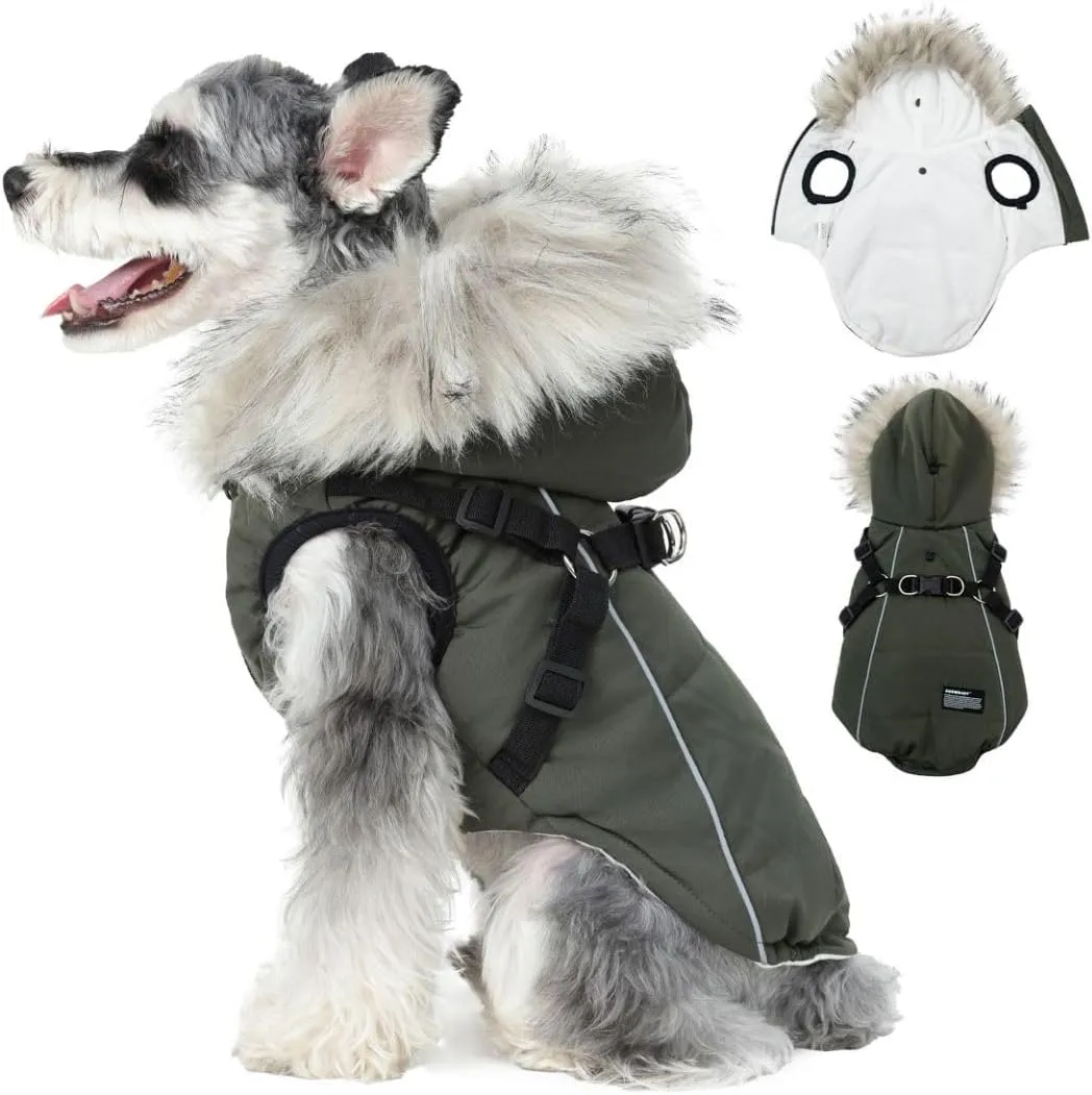 PINA Winter Coat with Waterproof Fabric, Faux Fur Hood, Reflective Strap for Small to Large Dogs, Green, XL