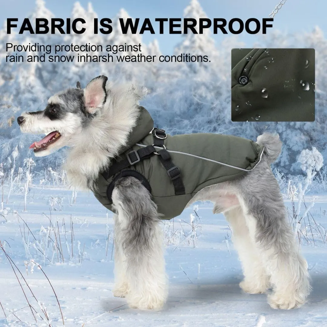 PINA Winter Coat with Waterproof Fabric, Faux Fur Hood, Reflective Strap for Small to Large Dogs, Green, XL
