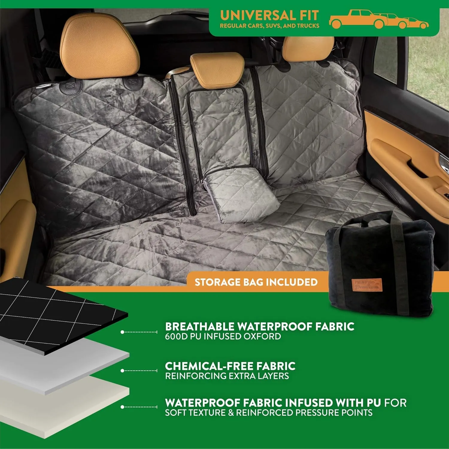 Plush Paws Products Velvet Convertible Rear Seat Cover | Durable Diamond Stitching | Washable & Waterproof Back Seat Cover | Car, Truck & SUV | Nonslip, Tear Resistant Protection | X-Large London Grey